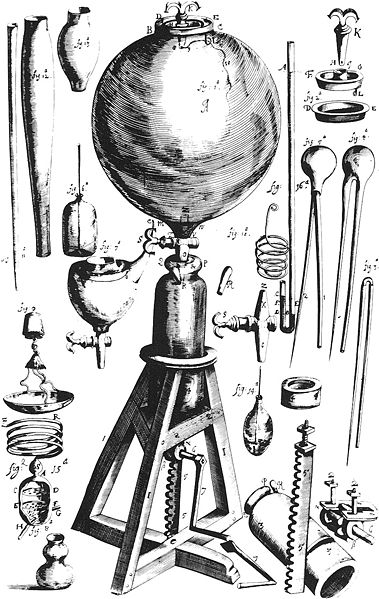 Drawing of air pump by Robert Boyle.