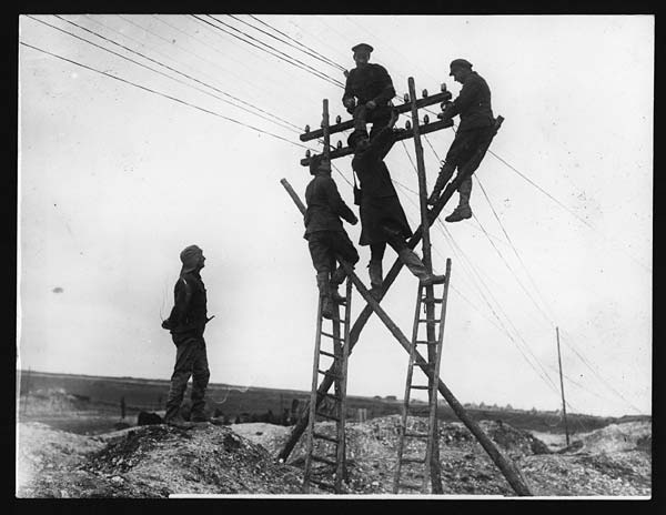 Scene on the Ancre. Constructing a new telegraph line, France, during World War I. (Source: National Library of Scotland)